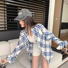 韩版气质拼色蓝白格纹衬衫女春夏宽松百搭新款衬衣超好看上衣外套，男装衬衫，星座1210-1