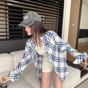韩版气质拼色蓝白格纹衬衫女春夏宽松百搭新款衬衣超好看上衣外套图片