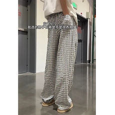 美式vibe潮流蓝色格纹夏季薄款格子休闲裤阔腿裤男生裤子高街穿搭，女装休闲裤，星座1210-1