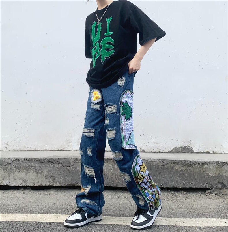 美式街头小众重工刺绣贴布直筒牛仔裤高街潮牌嘻哈宽松BK42-P83图片