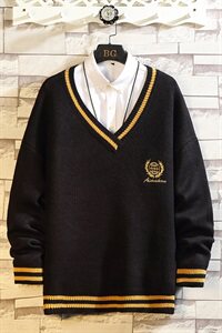 M02-P65    日系男士大码秋季学院风V领针织套头毛衣外套 黑色图片