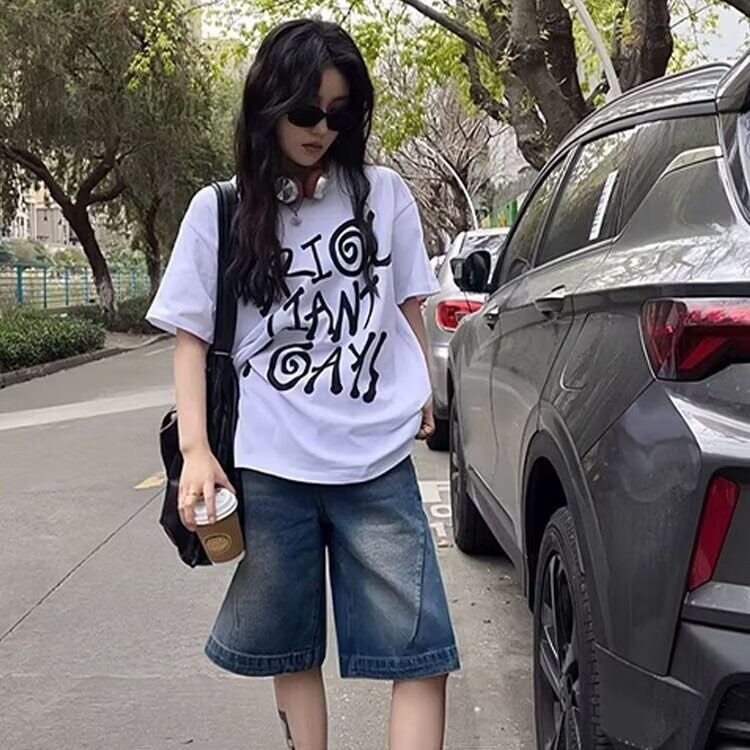 大码五分牛仔短裤女夏季薄款胖宽松小个子阔腿低腰显瘦直筒中裤,男装牛仔裤,星座1210-1