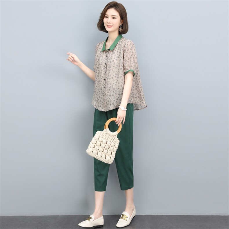 高端苎麻碎花套装纯亚麻上衣女装2025年新款夏季妈妈装棉麻两件套,女装套装/套裙,奕阳依阁