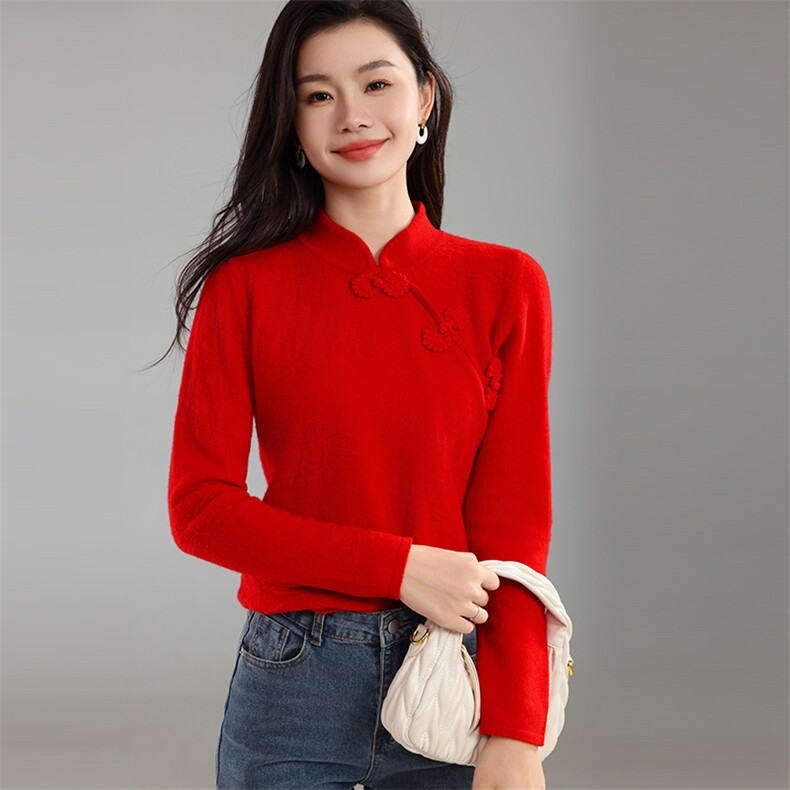 24新中式立领山衫女秋季新款高端中国风侧盘扣针织毛衣上衣MU，女装羊毛衫，奢优羊绒