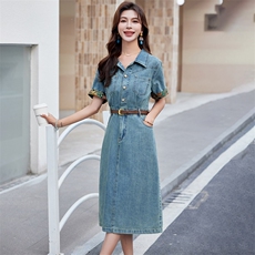 气质牛仔连衣裙女夏薄款短袖2024新款休闲复古宽松高级感收腰显瘦，女装连衣裙，丽影随形