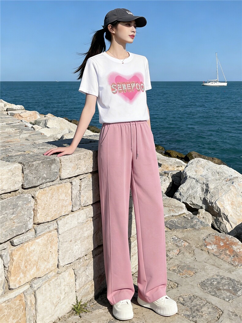 女夏新款韩版运动休闲套装圆领爱心印花镶钻T恤粉色阔腿裤两件套,女装套装/套裙,江南