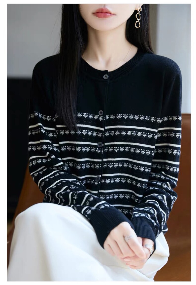 法式高端费尔岛提花毛针织开衫女2025新款条纹毛衣外套短款上衣潮,针织衫/毛衣,鄂维那特