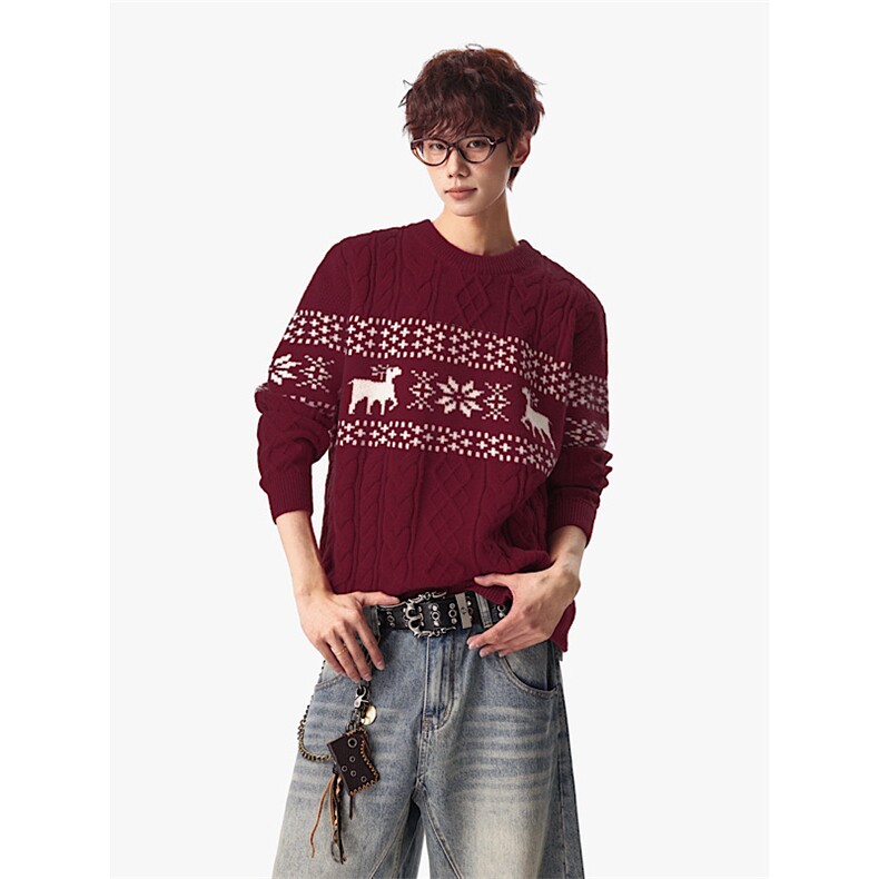 【现货】M5825-P50-控98加厚鹿毛绒圣诞款宽松套头撞色毛衣,男装针织衫/毛衣,电商B335