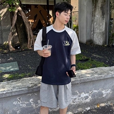 抖音得物高品质二开240克宽松纯棉美式潮牌插肩袖拼接短袖T恤，男装T恤，电商A486-1