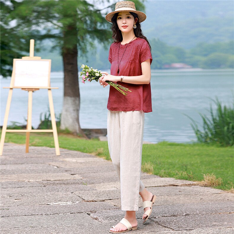 棉麻套装女2026夏季新款中年妈妈洋气减龄苎麻衬衫休闲两件套,女装套装/套裙,独衣靓