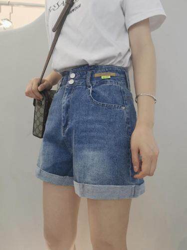 两粒扣高腰牛仔短裤显瘦一带弹力M一XXL，女装，简 影