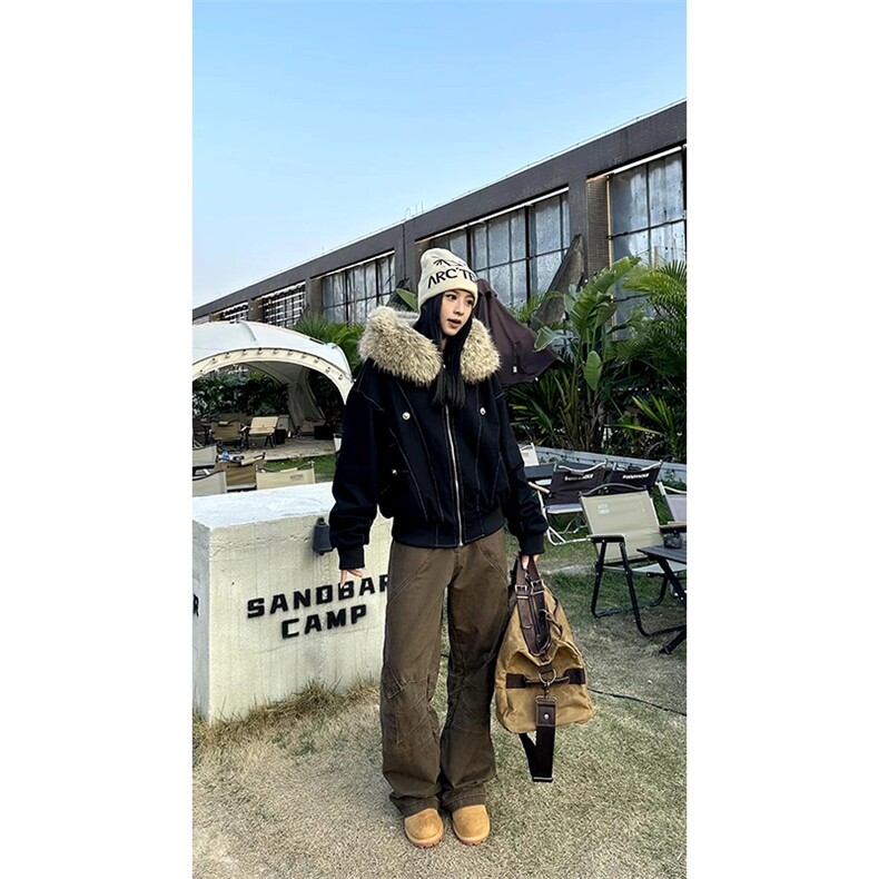 现货重磅boxy短款棉衣座山雕大毛毛领男女棉服水洗工装厚外套,男装棉衣,电商A486-1