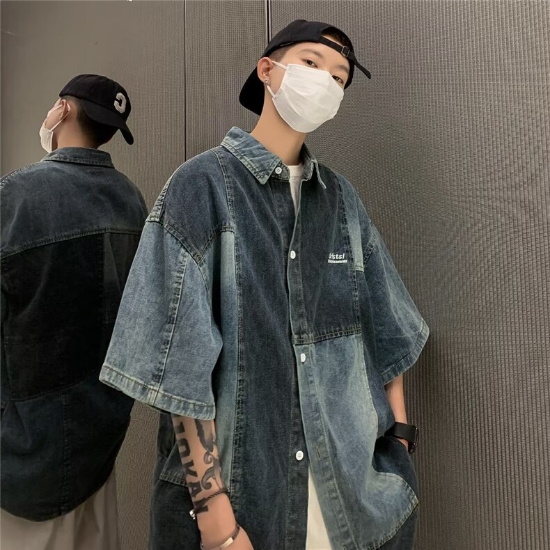 夏季个性拼接牛仔短袖衬衫男生美式vintage复古痞帅宽松休闲衬衣图片