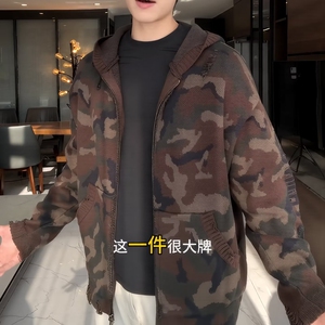 美式复古重磅连帽迷彩毛衣外套男春秋2025新款设计感拉链开衫图片
