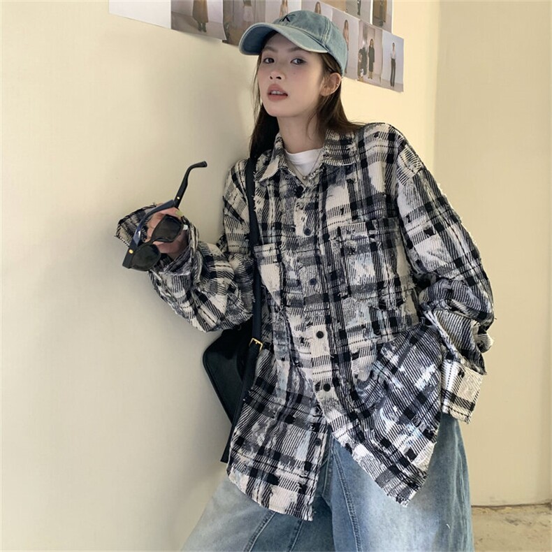 A504-P100卡玛重工扎染格子衬衫季男女复古做旧水洗宽松外套,男装夹克,星座911