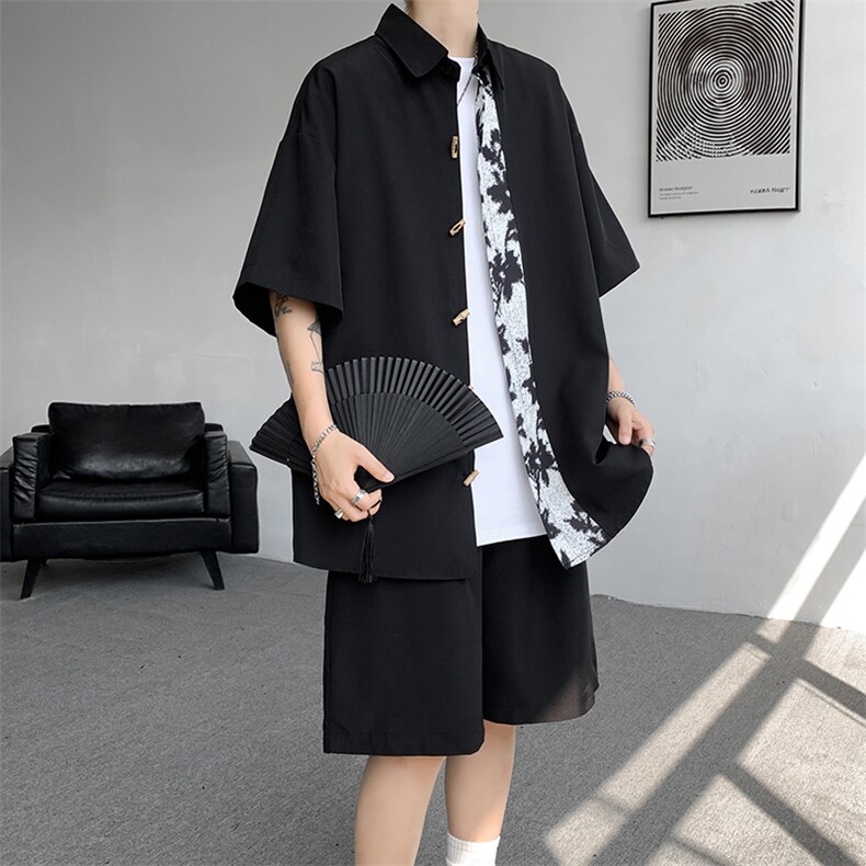 TZ2415-P50特无差价控88夏季新中中式印花拼接凉感衬衫套装宽松,男装衬衫,电商D232