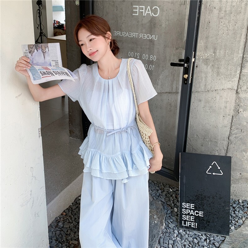 高级感蓝色上衣阔腿裤套装女2025夏季新款法式温柔显瘦漂亮两件套,女装套装/套裙,2C213