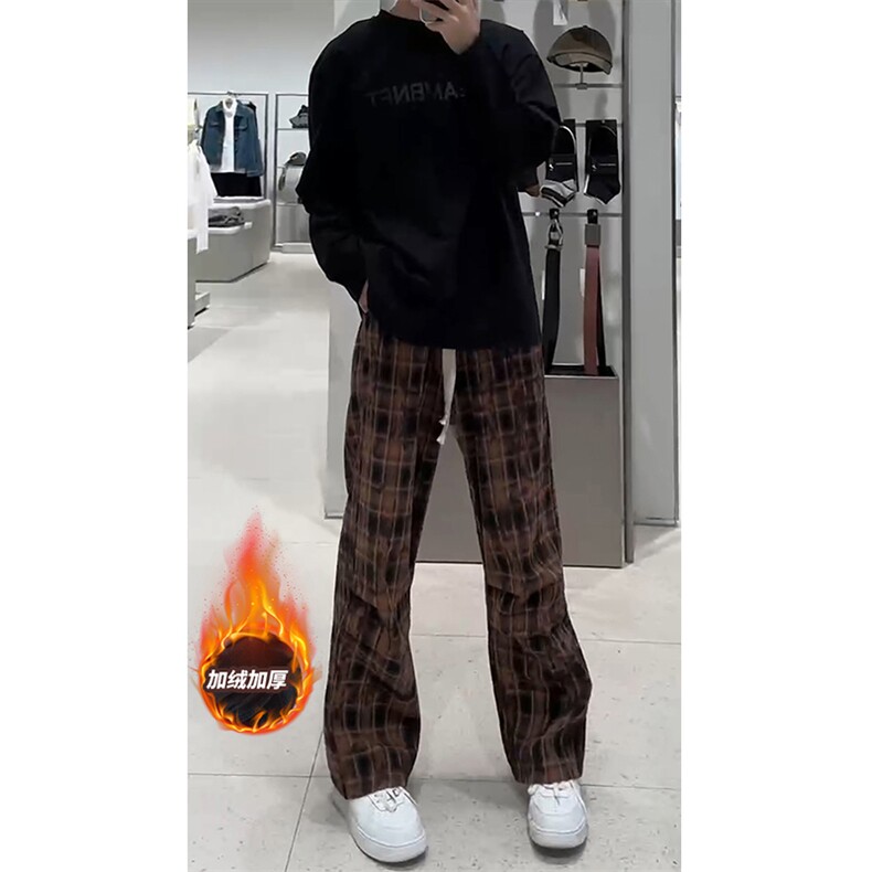 美式复古加绒加厚格子裤高腰显瘦保暖阔腿裤子HY640JRTP45,男装棉衣,电商A102B