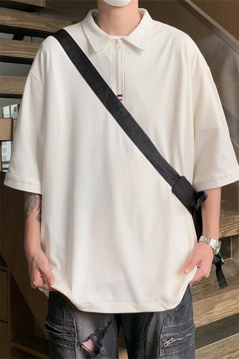 PL9053/P35冰丝短袖POLO衫男夏季宽松纯色上衣美式潮牌半拉链t恤,男装Polo衫,电商A141