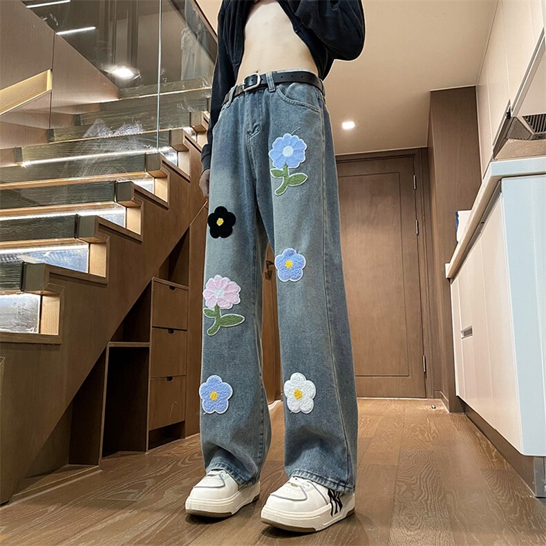 潮牌花朵刺绣牛仔裤男街头痞帅直筒裤子美式水洗复古休闲长裤子,男装牛仔裤,星座410-7