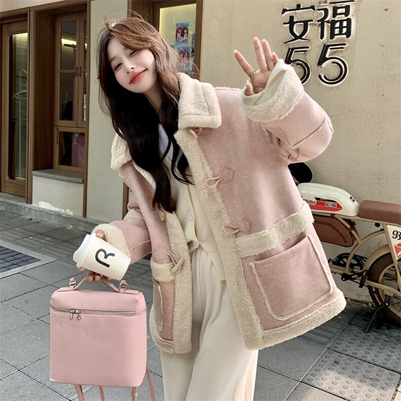 甜美粉色麂皮绒皮毛一体羊羔毛外套女秋冬2025新款时髦温柔风棉服,女装短外套,2B156