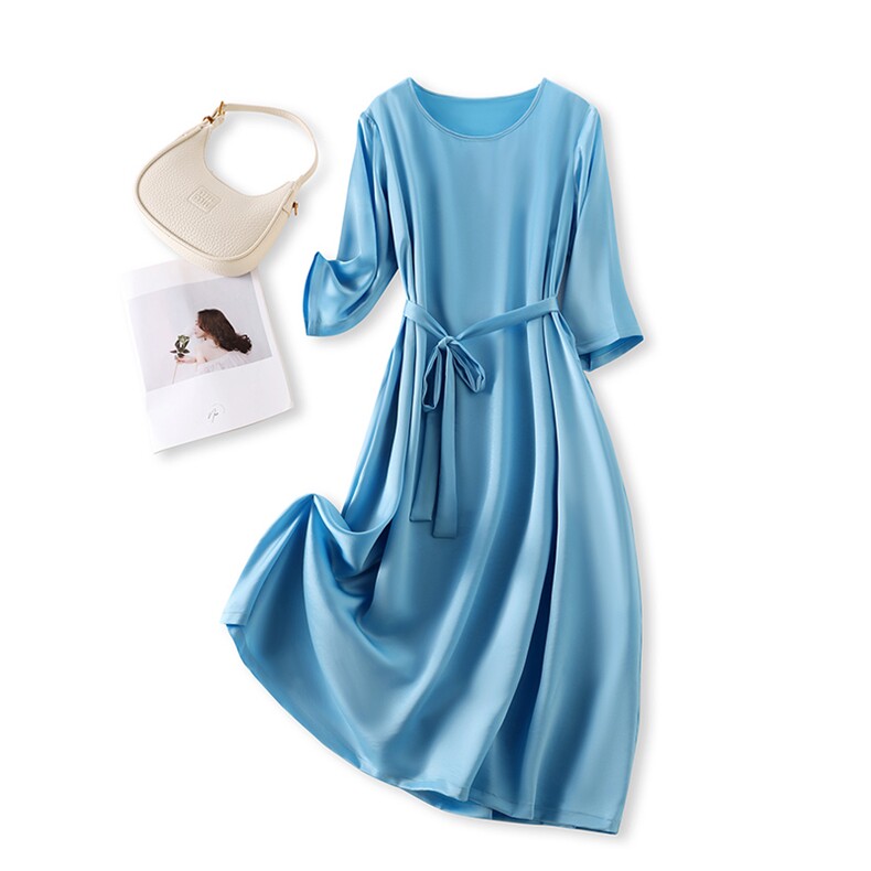 夏季新款高端缎面修身收腰显瘦裙子中长款气质女连衣裙七分袖洋气，女装连衣裙，亿美羊绒