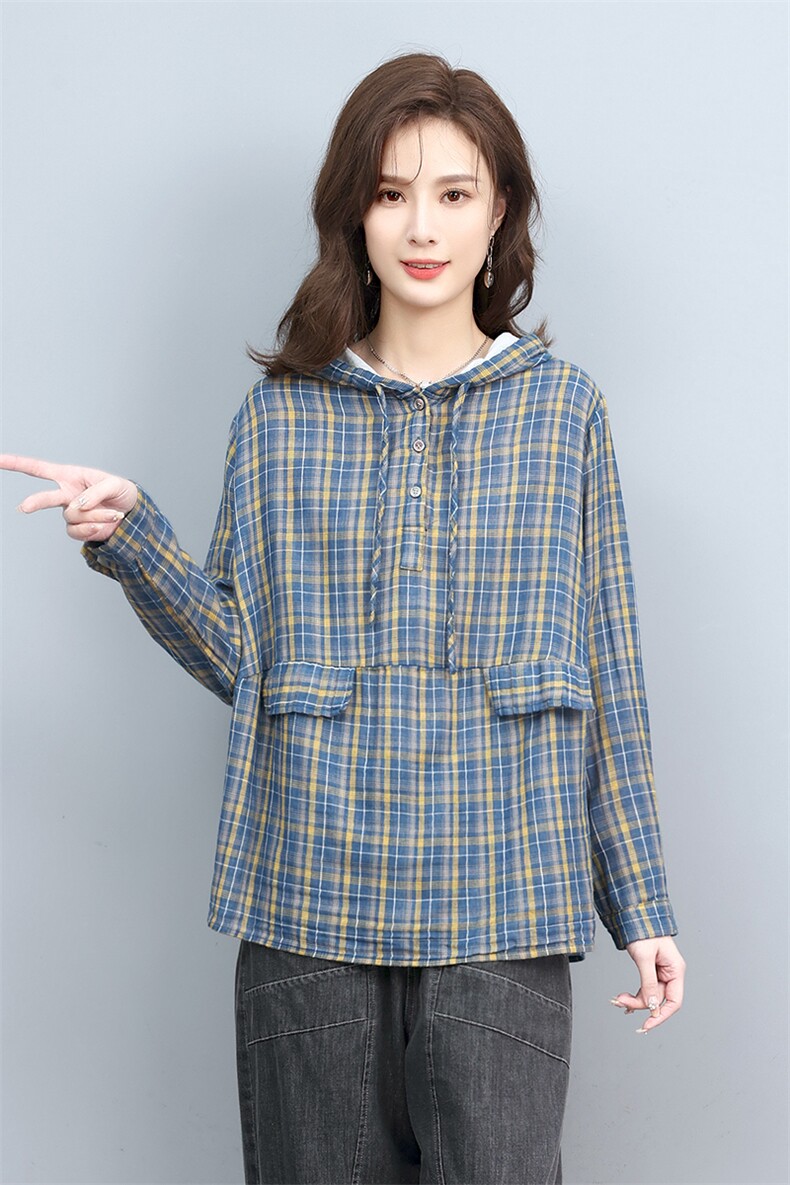 春秋2022年新款中年妈妈休闲大码衬衫休闲棉麻短款衬衣连帽,女装衬衫,叶笙衣