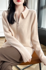女拉链翻领开衫2024秋冬新款宽松长袖短款针织羊毛开衫短外套，女装短外套，蒙特羊绒