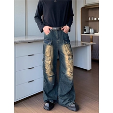 美式潮流简约阔腿直筒做旧牛仔裤男水洗宽松裤子NC652-P68，男装牛仔裤，星座208-5