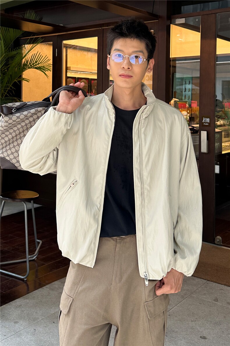 秋季2025老钱风抖音纯色休闲立领皮衣夹克店主风A236-JK603-P140,男装皮衣,电商A236