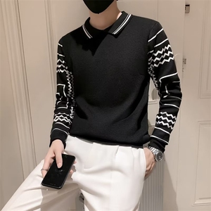 男士翻领毛衣秋冬季长袖波浪纹打底衫线衣男装polo领针织衫 S542图片