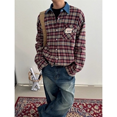 W9572-P45网图现货美式复古格纹宽松休闲长袖衬衫撞色衬衣外套，男装衬衫，星座1608-2