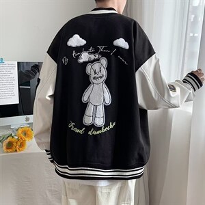 vibe美式棒球服男春秋黑白拼接飞行员夹克毛呢布皮袖BJ309P65图片