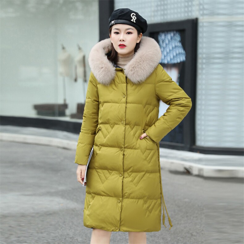 羽绒服新款2023年女装腰间抽绳修身可脱卸真貉子毛领长款90白鸭绒,女装羽绒服,火爆靓佳人