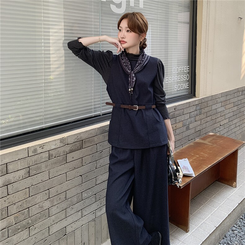 美拉德复古马甲套装女2025秋季新款轻熟御姐风打底衫阔腿裤三件套图片