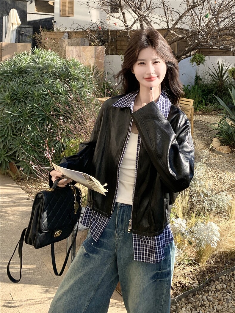 设计感假两件格纹拼接皮衣短外套女2026春季新款宽松休闲显瘦夹克,女装皮衣,艾米莉亚