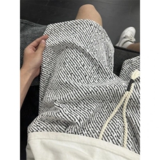 小香风斜条纹短裤男款夏季美式潮牌宽松大码休闲篮球运动五分裤子，男装牛仔裤，星座412-3
