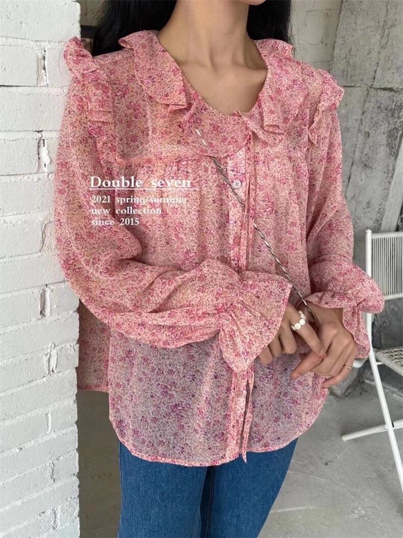 夏季新款韩简ins碎花风雪纺衬衫，女装衬衫，Double Seven
