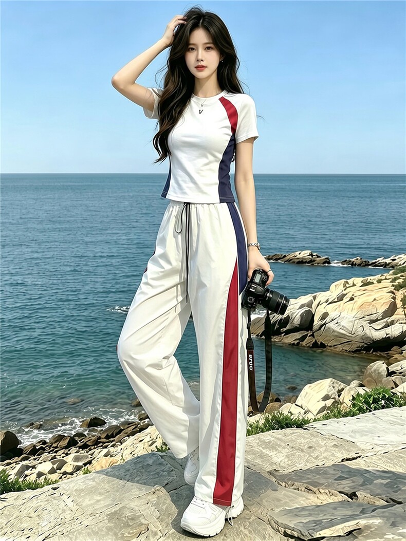 潮流时尚休闲运动套装女夏季新款显瘦竖纹圆领短袖上衣长裤两件套,女装套装/套裙,江南