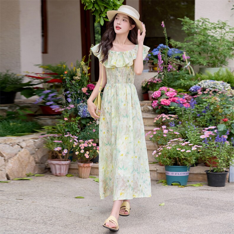 一字肩荷叶边连衣裙女夏新款绝美度假风修身显瘦甜美减龄印花长裙,女装连衣裙,艾贝斯