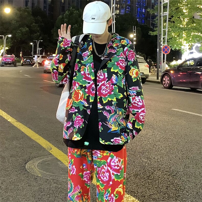 XF01男秋港风文艺休闲大码西服套装西装东北大花民族风特色新中式,男装民族服装,星座115A(原星座507）