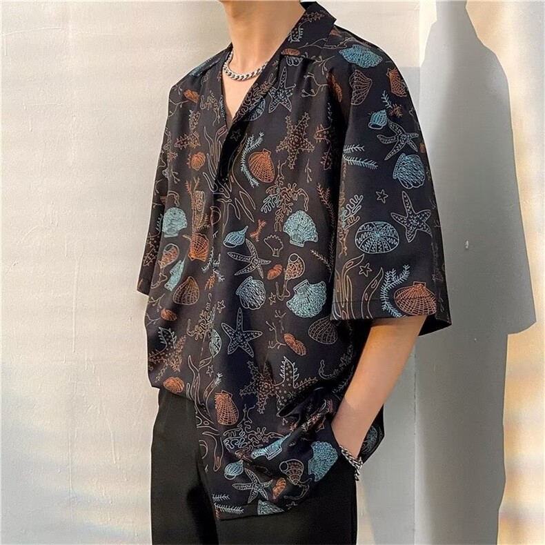 日系五分袖春夏季新款衬衫潮流慵懒男方领宽松型衬衫C1313P30,男装衬衫,星座1116-2
