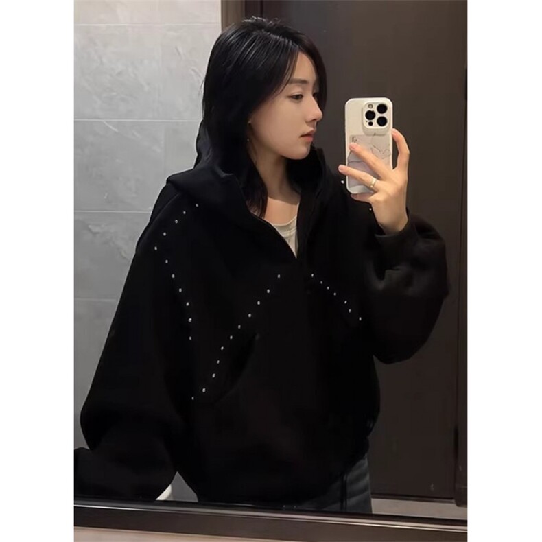 【004】连帽开衫卫衣男铆钉设计感廓形正肩外套A079-A03-P50,女装短外套,电商A079