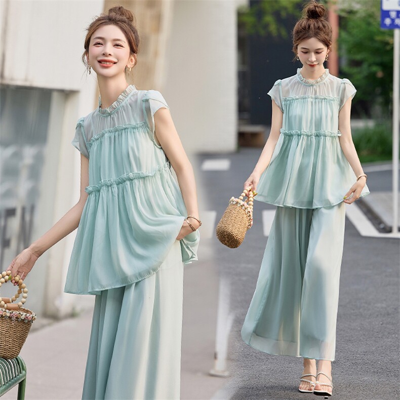 水衣源2729款纯色木耳边小衫阔腿裤很仙套装女，女装套装/套裙，水衣源