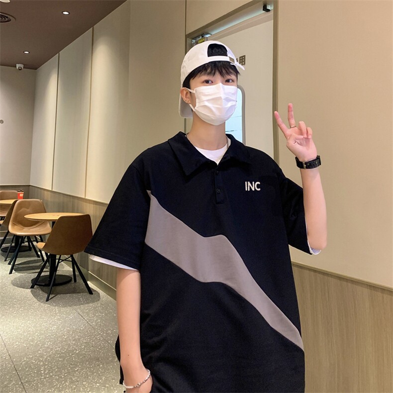 T312-P30夏季宽松拼色翻领刺绣短袖图片
