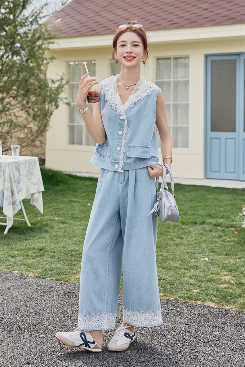 蕾丝拼接水洗轻薄牛仔阔腿裤两件套2025夏装新款套装女,商品下架区,苗苗