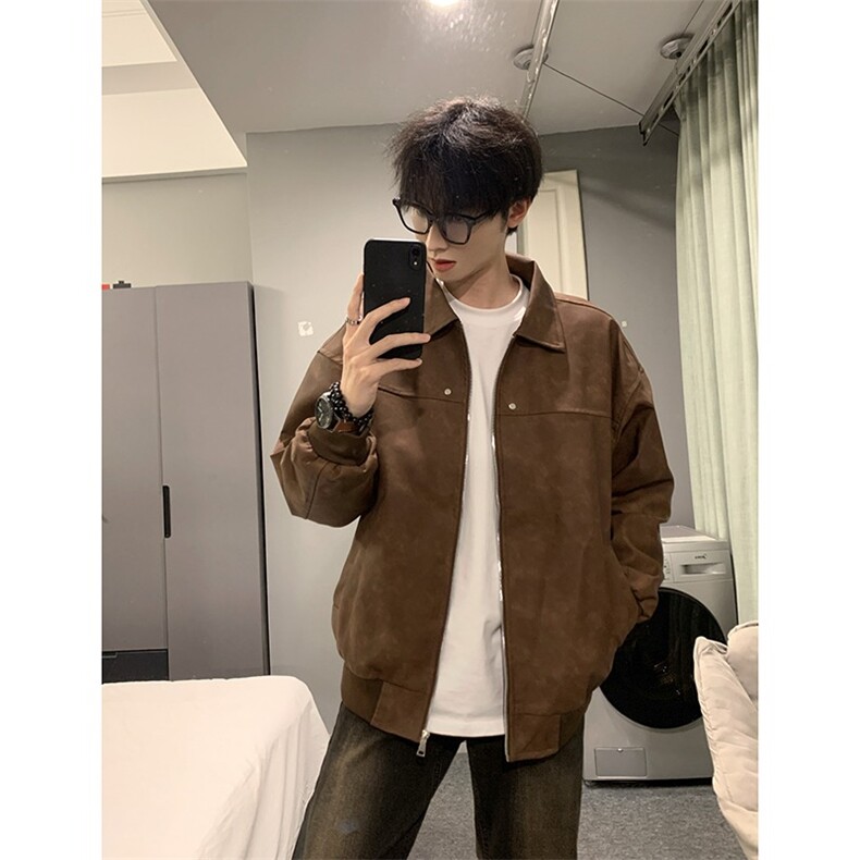 翻领夹克男女秋冬季百搭宽松情侣工外套港风水洗潮流新款JK9156图片