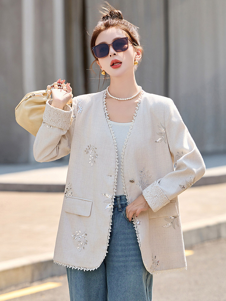 2025春新款新中式刺绣西装外套女高级感显瘦V领气质西服上衣,女装西装,妙形