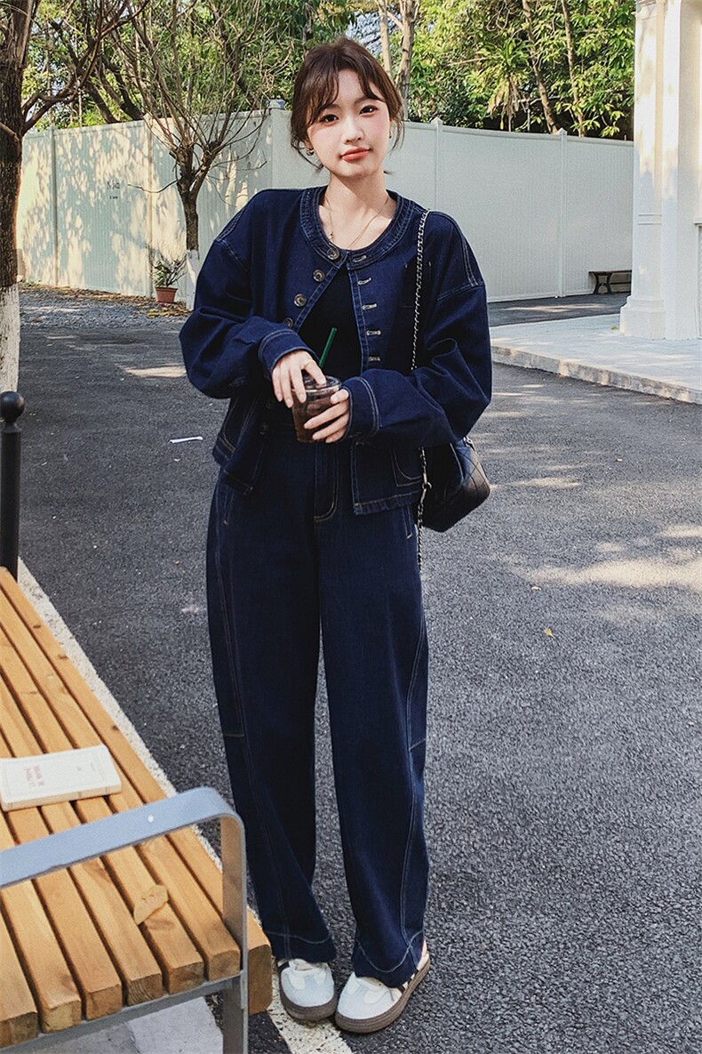超火ootd穿搭松弛感牛仔套装女2025春季新款韩系减龄阔腿裤两件套,女装套装/套裙,2C293