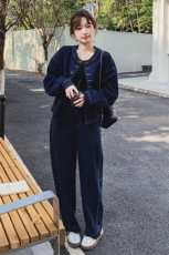 超火ootd穿搭松弛感牛仔套装女2025春季新款韩系减龄阔腿裤两件套，女装套装/套裙，2C293